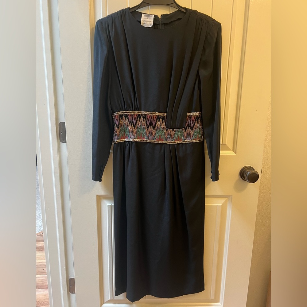 Vintage Draped Pleats Mid-Length Sheath Dress in Black with Beading, Embroidery